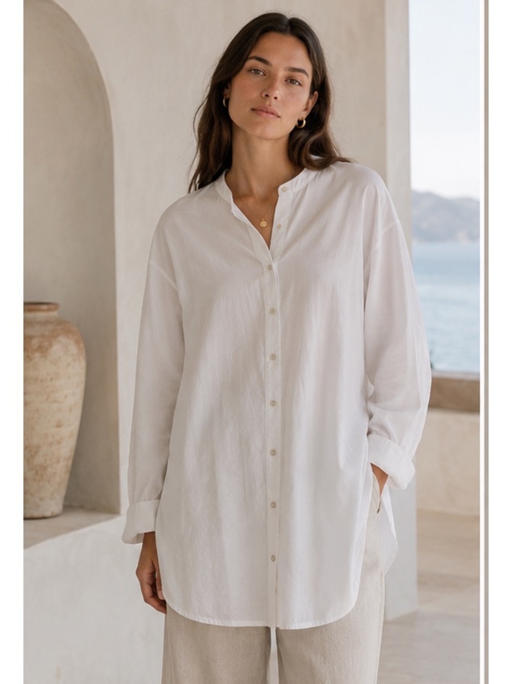 Eileen Fishere White Band-Collar Minimalist Old Money Luxury shirt Dress X-Large